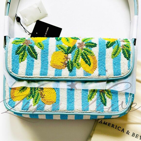 AMERICA & BEYOND Limoncello Stripe Beaded Shoulder / Clutch Bag NWT - Picture 5 of 10
